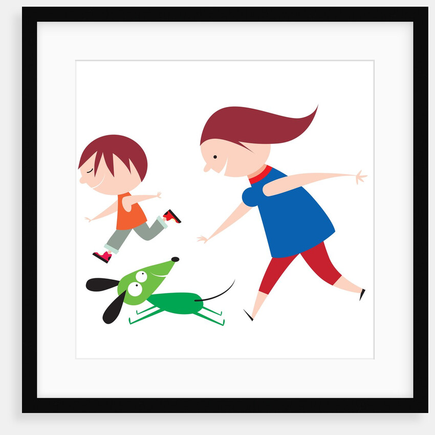 A Mother and Son Running with a Dog by Anonymous