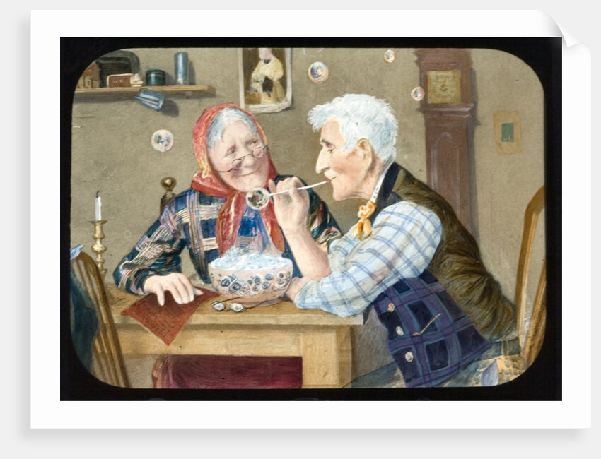 Victorian magic lantern slide of elderly couple blowing bubbles by Anonymous