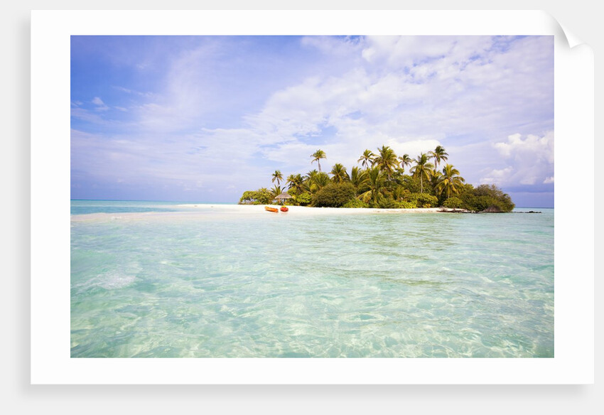 Sea kayaks on the beach of a coconut palm tree island by Anonymous