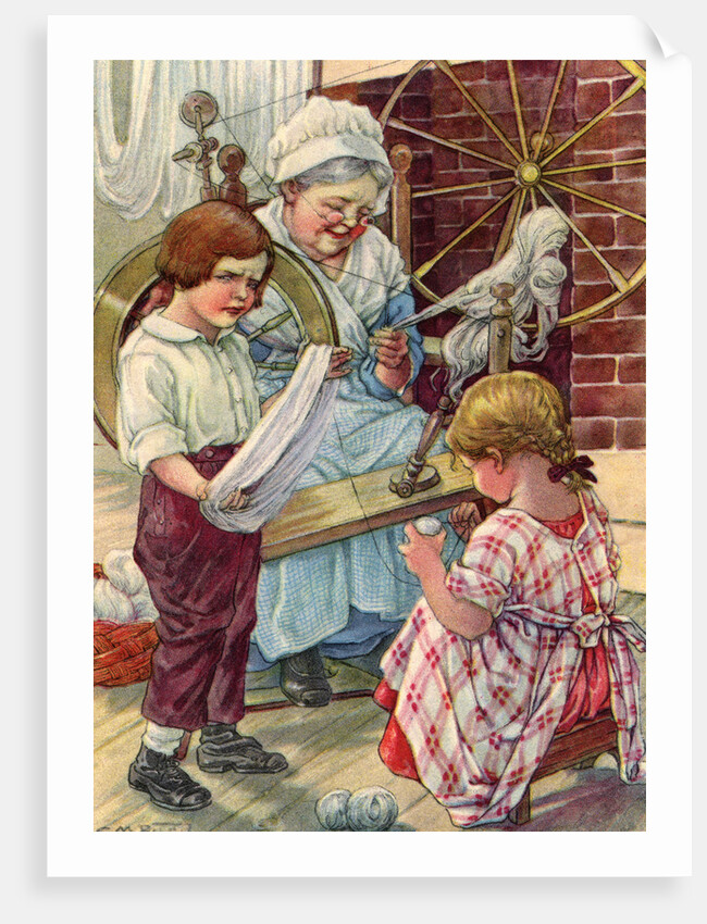 Illustration of children helping grandmother spin wool by Clara M. Burd