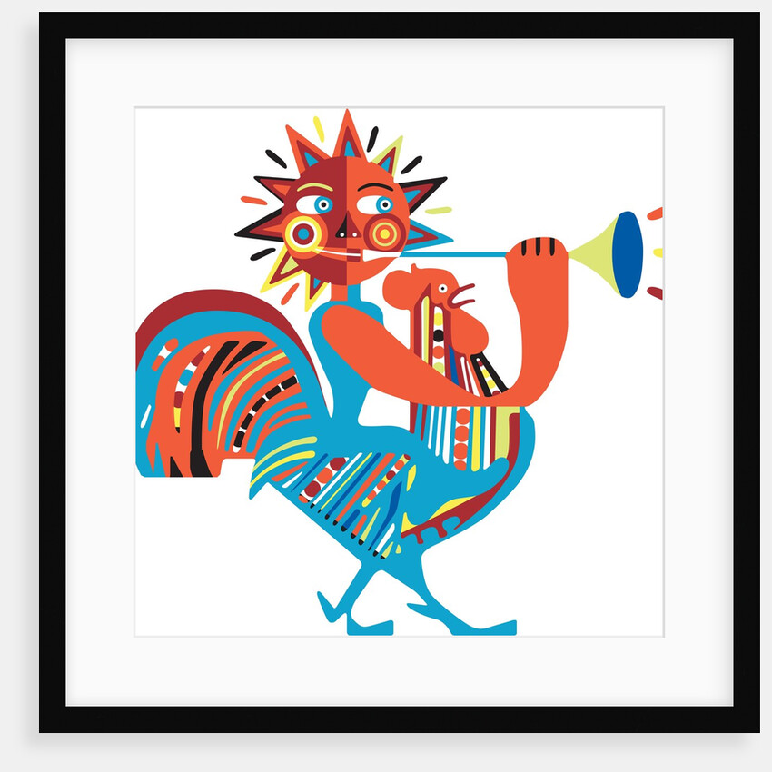 Sun riding chicken and playing horn by Anonymous