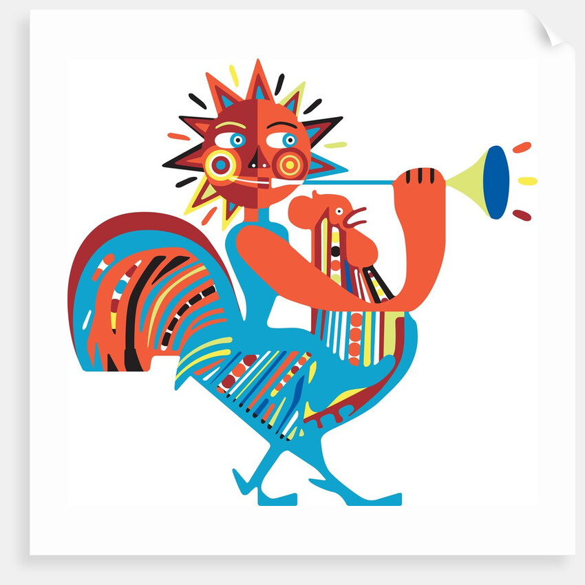 Sun riding chicken and playing horn by Anonymous