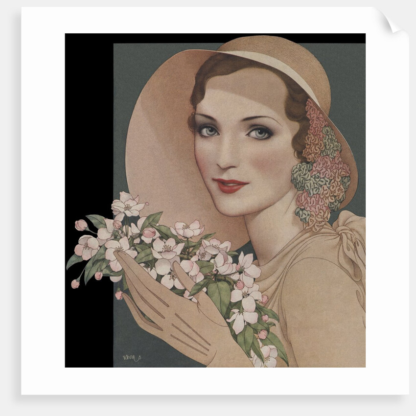 Woman with flowers in picture hat by Anonymous