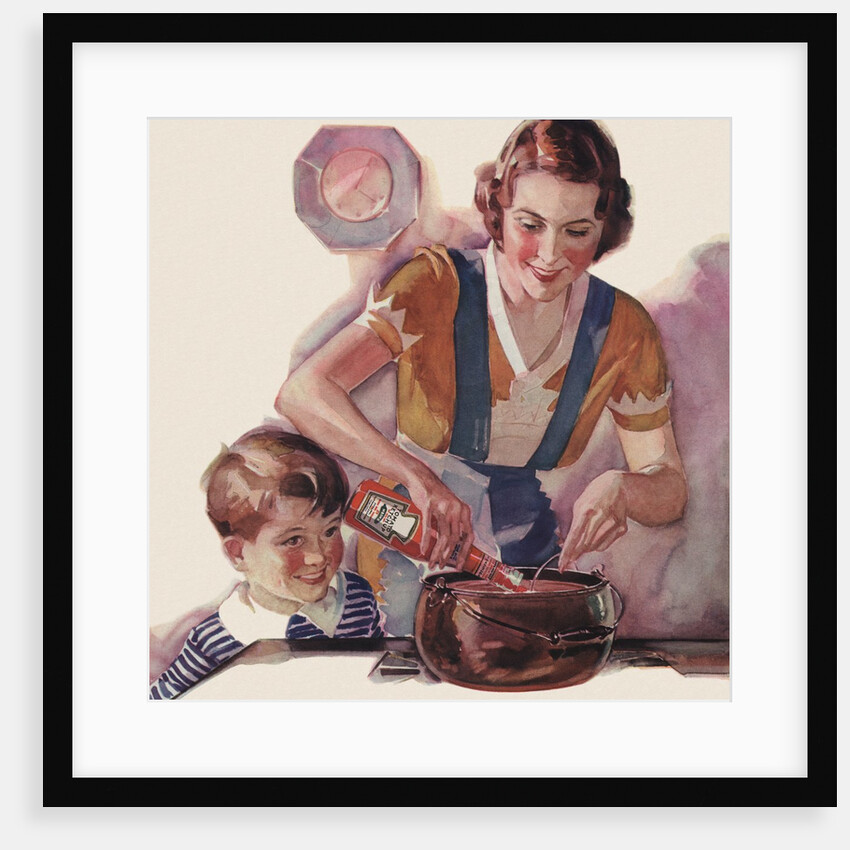 Boy watching mother cook with ketchup by Anonymous