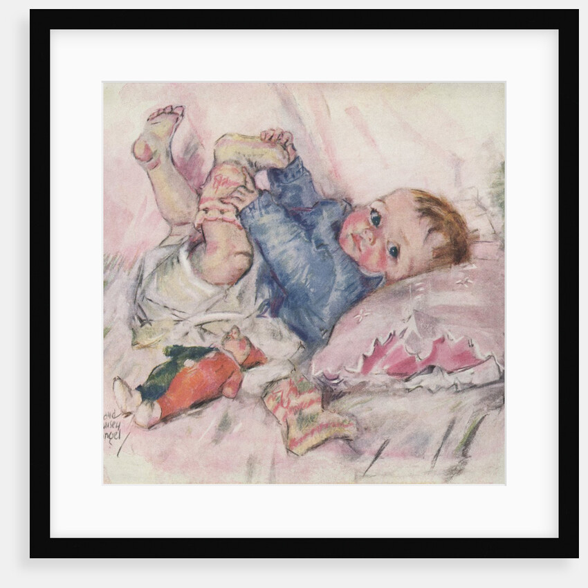 Baby in crib with toys by Anonymous