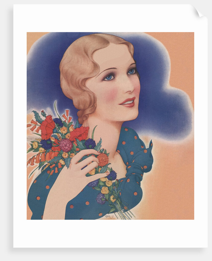 Blond woman holding bunch of flowers by Anonymous