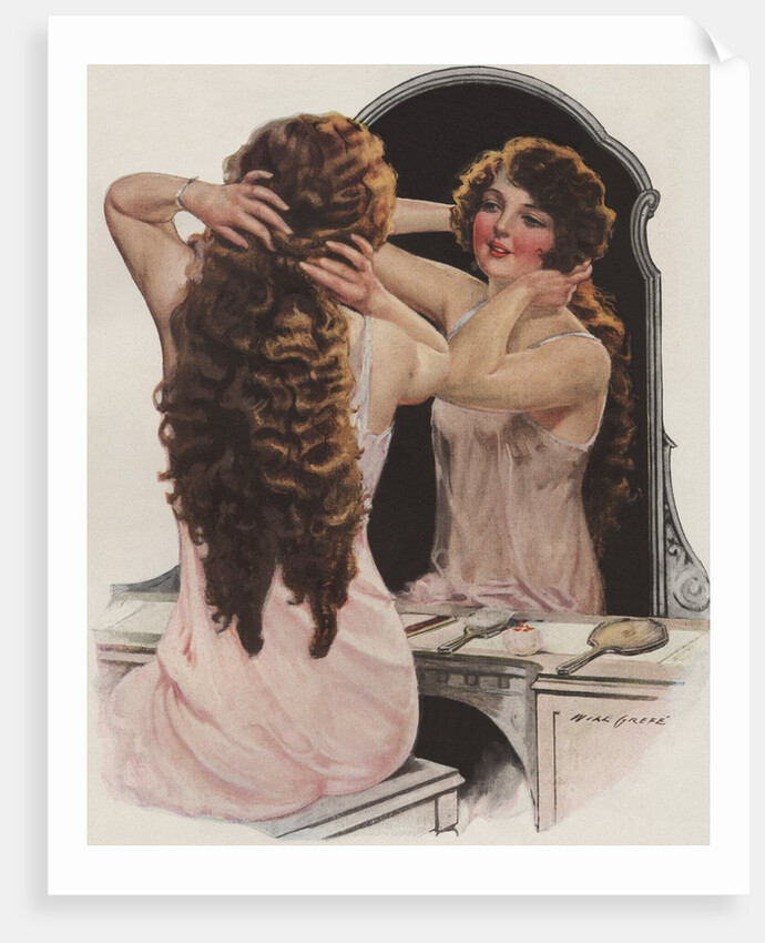 Brunette fixing hair in mirror by Anonymous