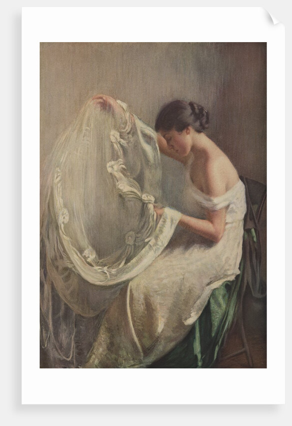 Woman sewing wedding veil by Anonymous