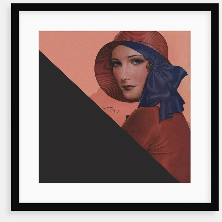 Woman with red hat and blue ribbon by Anonymous