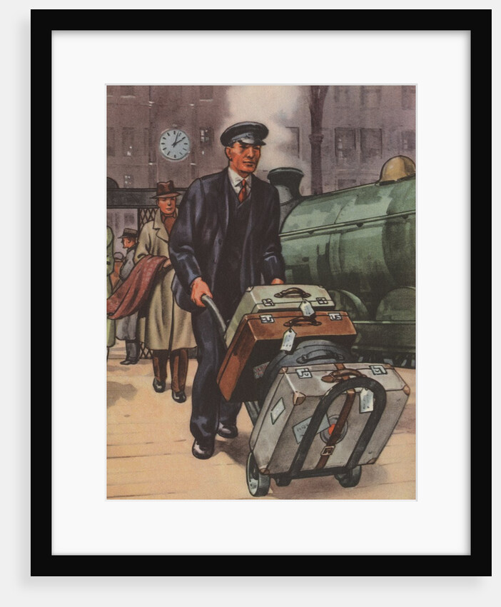 Porter with suitcases at train station by Anonymous