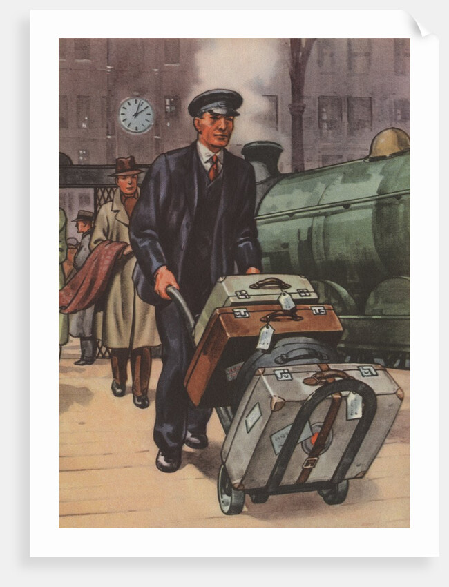 Porter with suitcases at train station by Anonymous