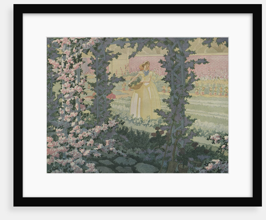 Woman in dress and hat picking flowers by Anonymous
