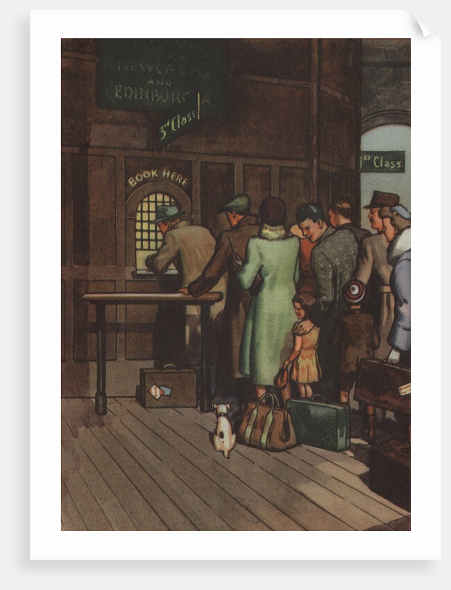 Passengers waiting in line for tickets at train station by Anonymous