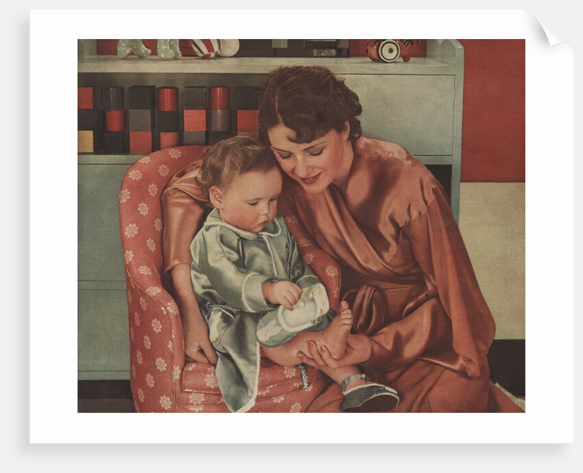 Mother helping baby put on shoes by Anonymous