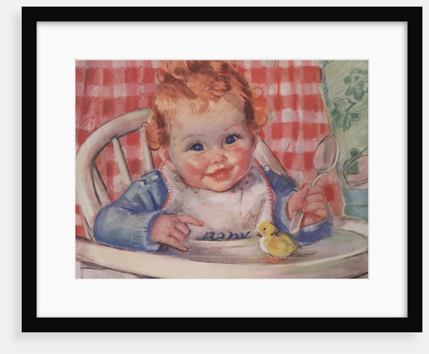 Baby in high chair with chick by Anonymous