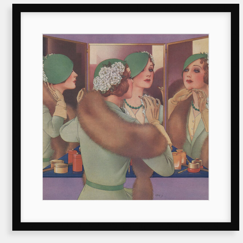 Woman in green hat at mirror by Anonymous
