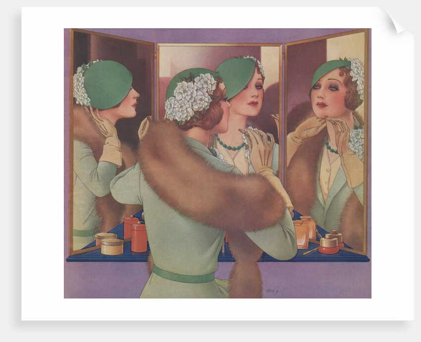 Woman in green hat at mirror by Anonymous