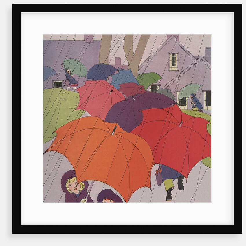 Children in rain with umbrellas, by Anonymous