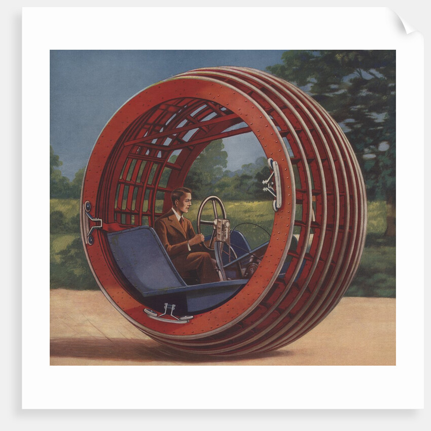 Man in futuristic round car by Anonymous
