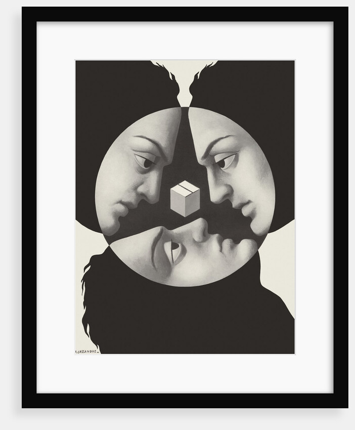 Three faces staring at cube by Anonymous