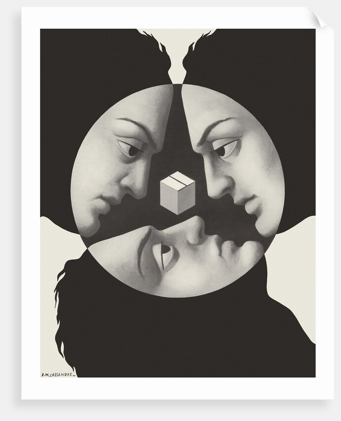 Three faces staring at cube by Anonymous