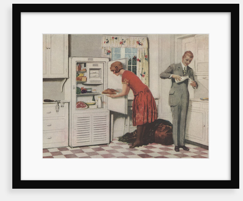 Man and woman in kitchen getting food by Anonymous