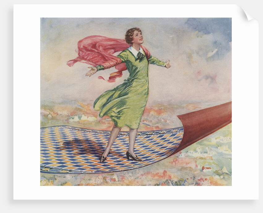 Woman flying on carpet by Anonymous