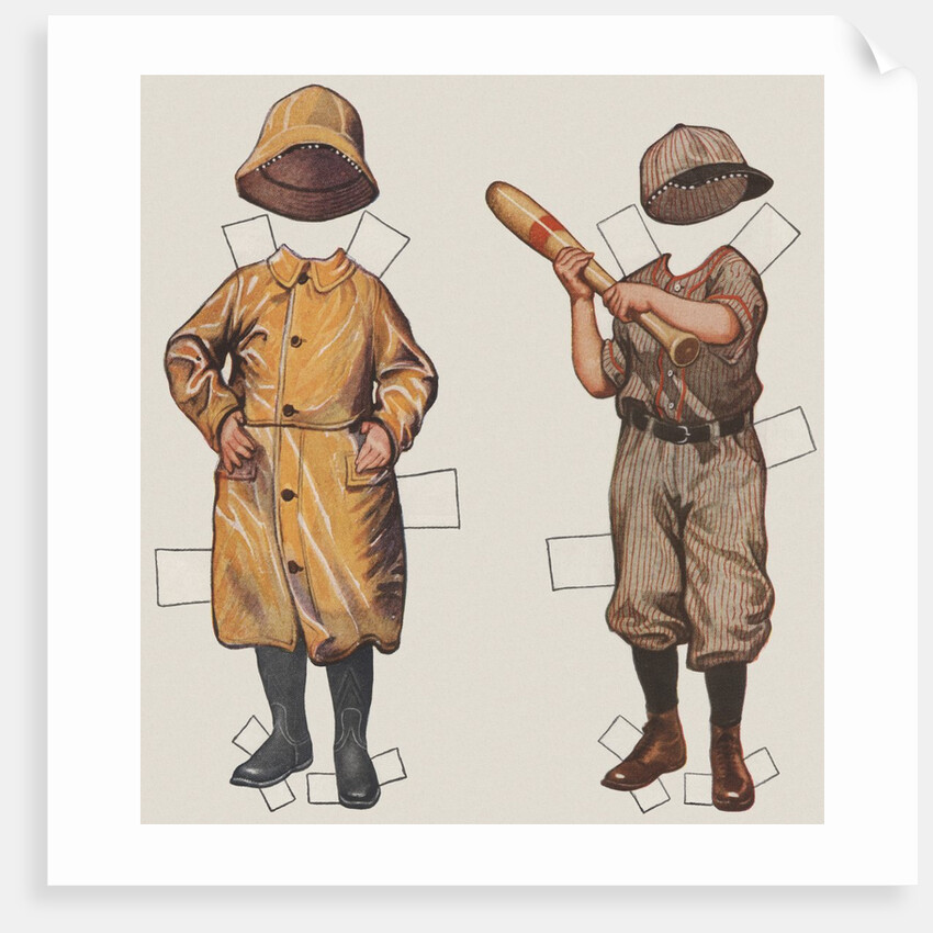 Paper doll boy with baseball uniform and rain slicker by Anonymous