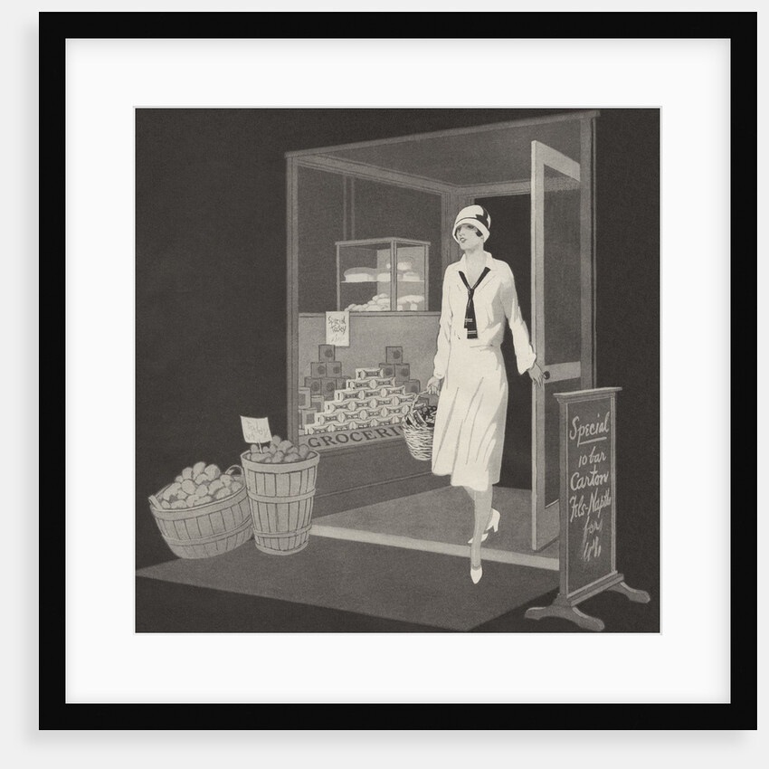 Flapper woman coming out of grocery store by Anonymous