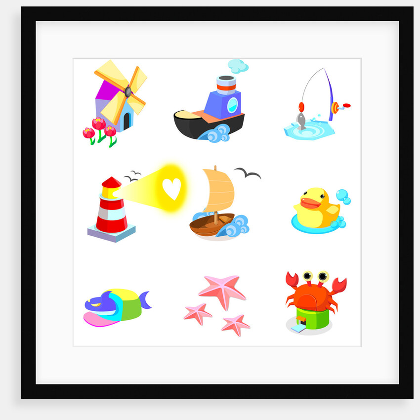 Various animals with boats on a white background by Anonymous