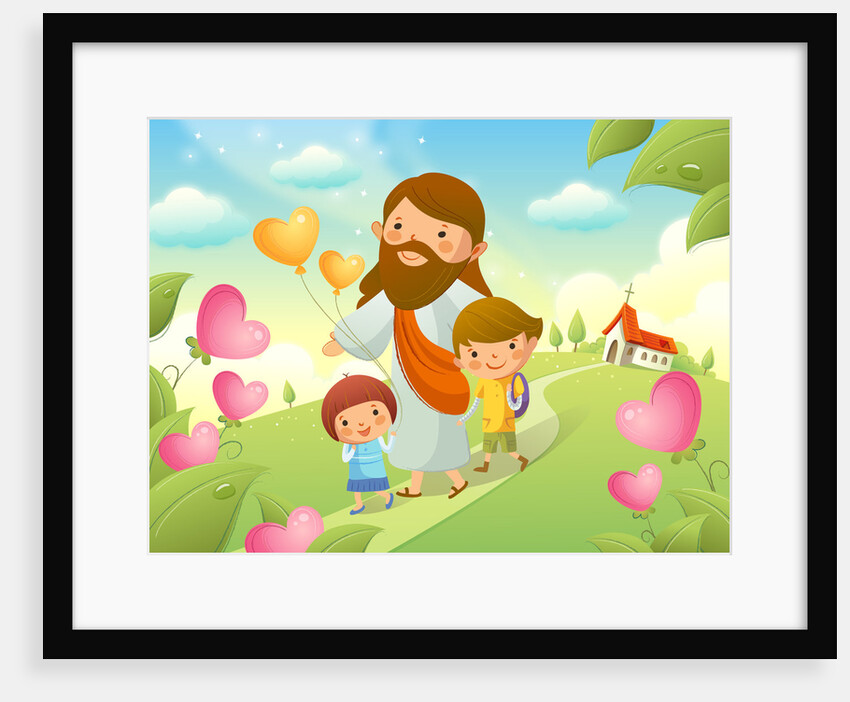 Jesus Christ walking with two children by Anonymous