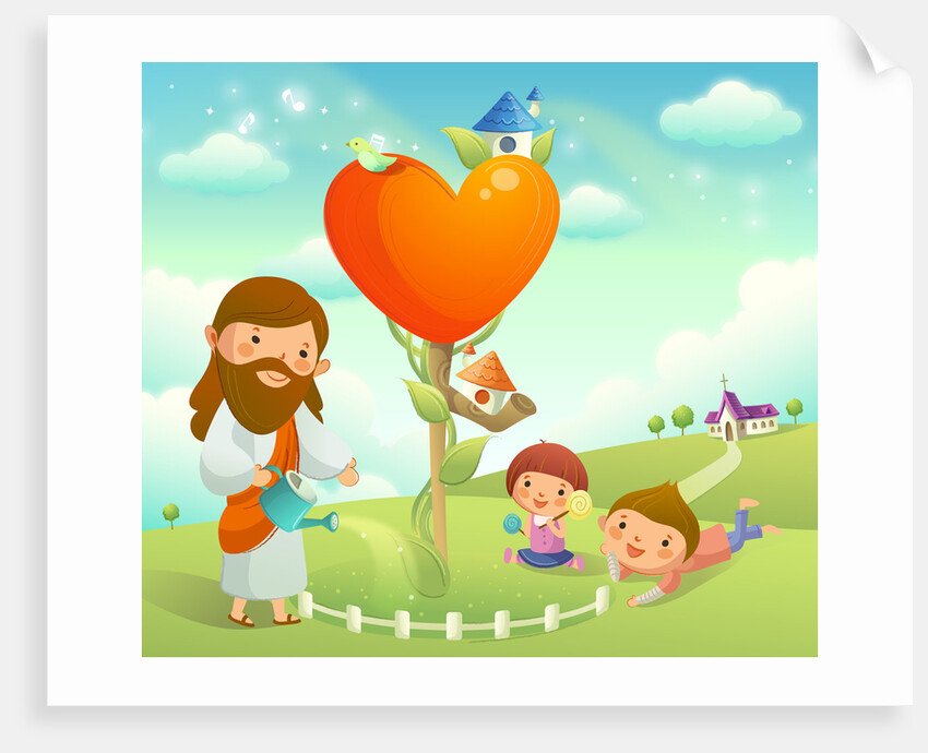 Figure of Jesus Christ watering a plant and two children playing on the grass by Anonymous