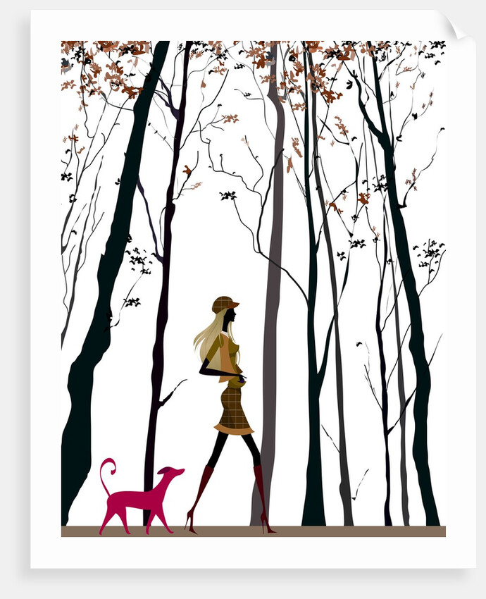 Side profile of a woman walking with her dog by Anonymous