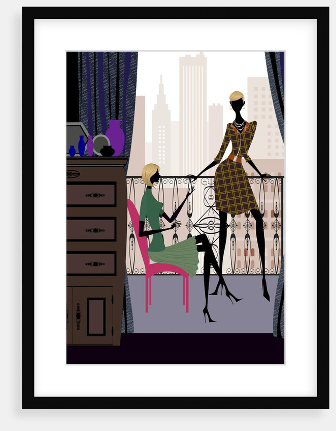 Side profile of a woman sitting on a chair with another woman standing beside her by Anonymous