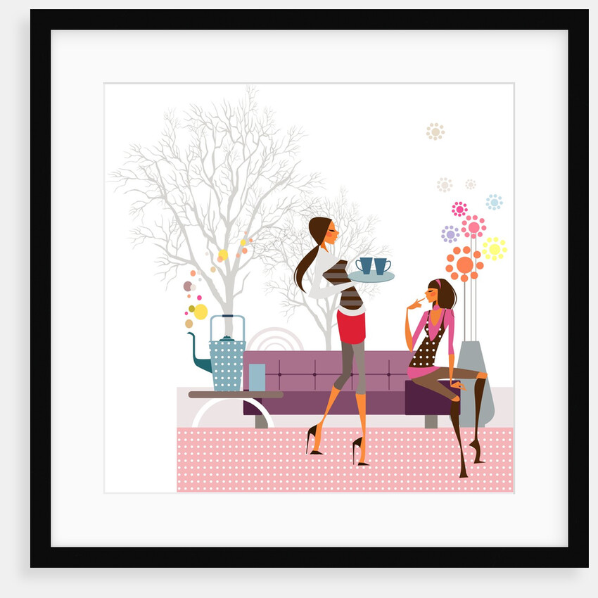 Side profile of a woman holding a tray and another woman sitting beside her by Anonymous