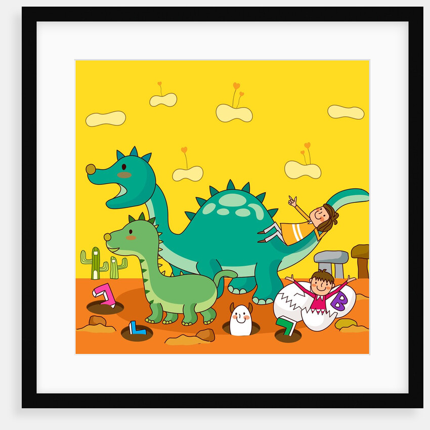 Boy breaking out of an egg with a girl lying on a dinosaur by Anonymous