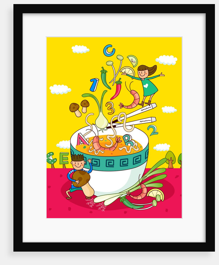 Girl pouring vegetables into a bowl of vegetable soup with a boy holding an edible mushroom by Anonymous