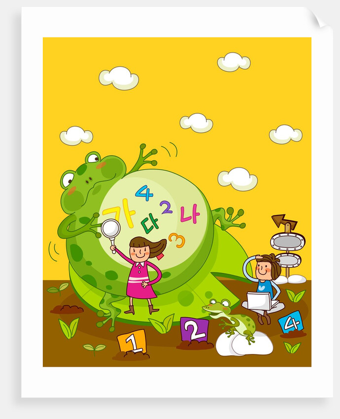 Girl holding a magnifying glass with another girl using a laptop near a giant frog by Anonymous