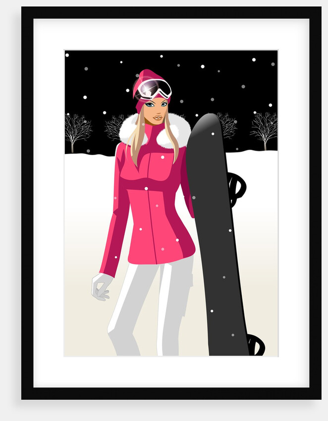 Woman holding a snowboard by Anonymous