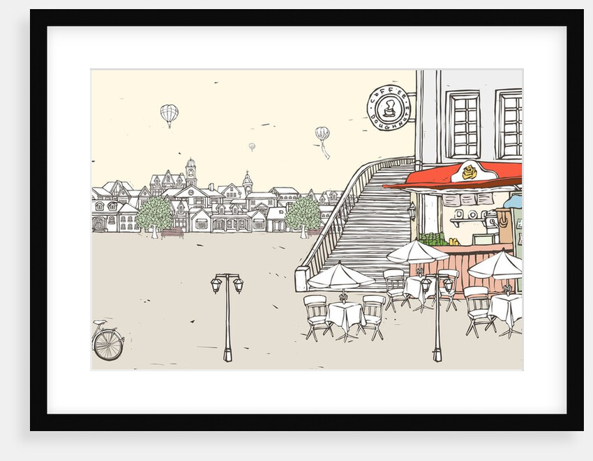 Roadside cafe with buildings in background and hot air balloon flying against sky by Anonymous