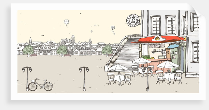 Roadside cafe with buildings in background and hot air balloon flying against sky by Anonymous