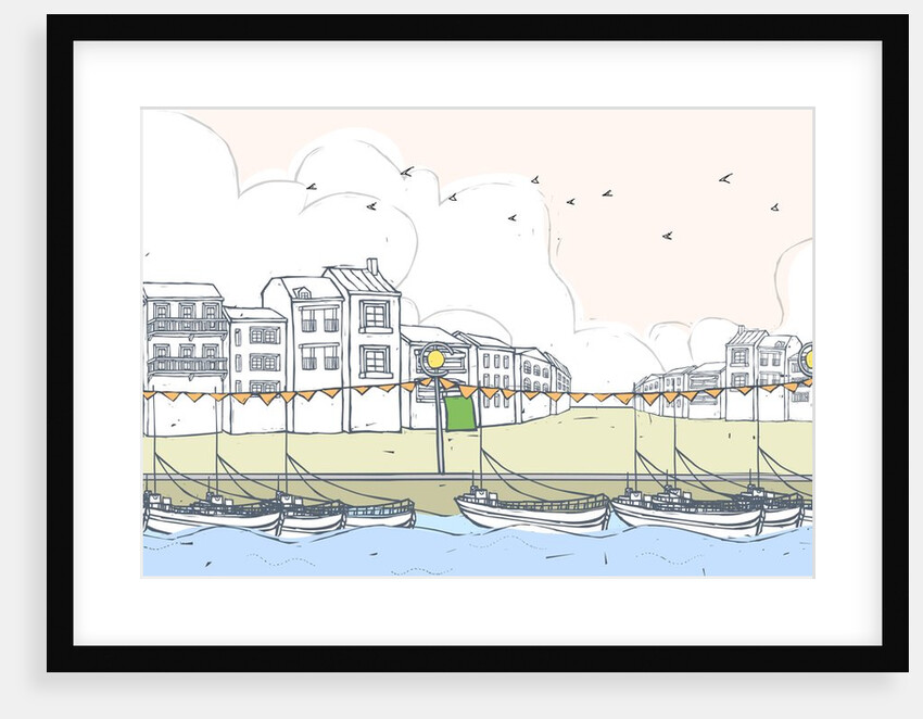 Nautical vessel anchored at dock by buildings against sky by Anonymous