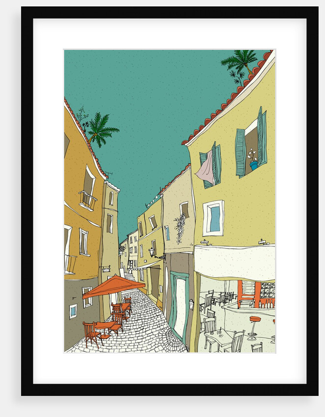 Tables and chairs under canopy by buildings at sidewalk cafe by Anonymous