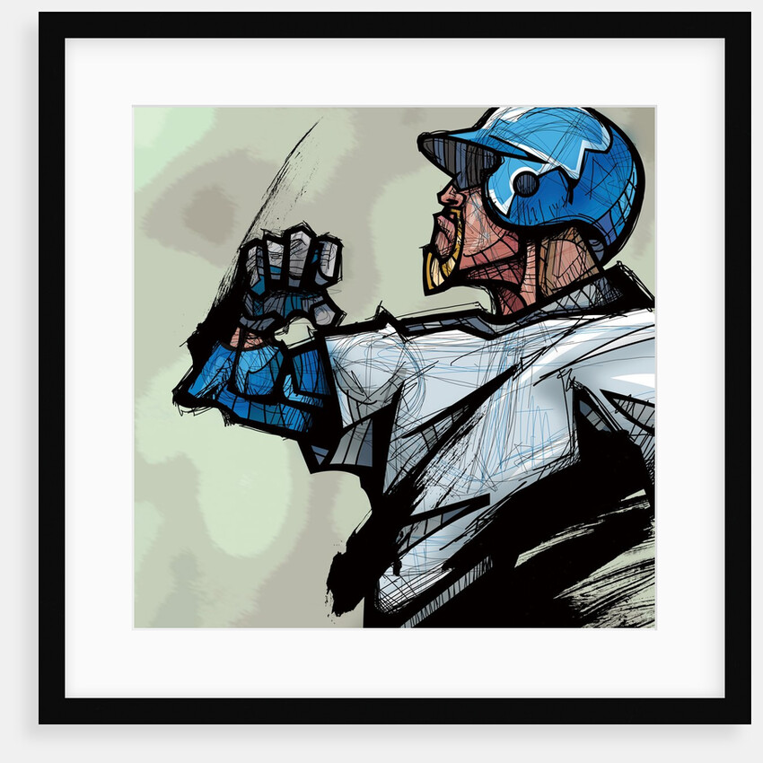 Baseball player wearing helmet, side view by Anonymous