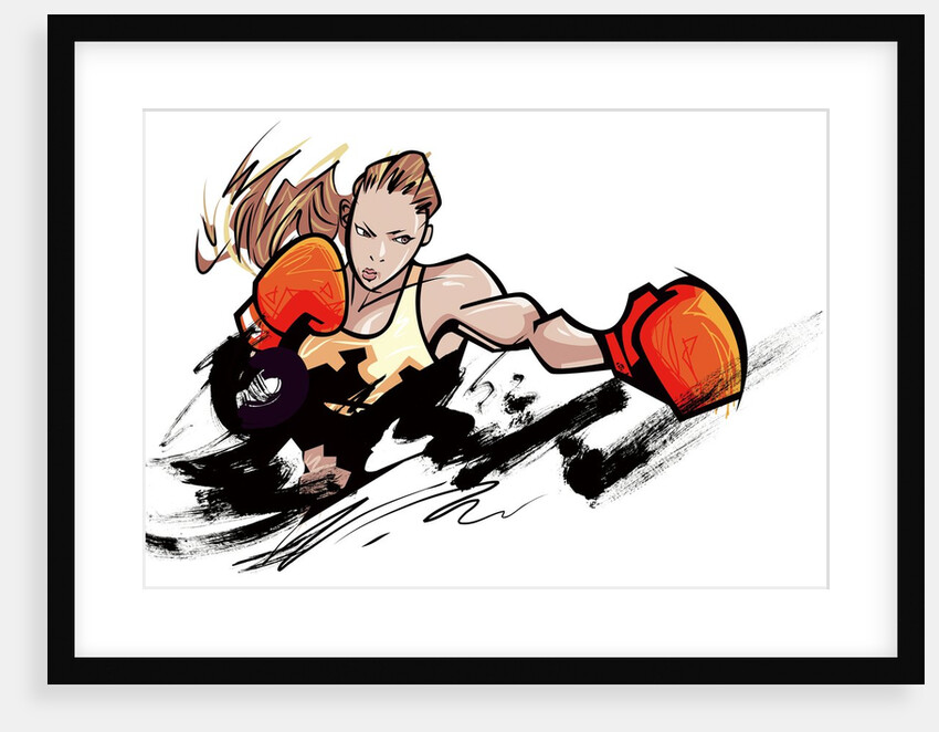 Woman wearing boxing glove by Anonymous