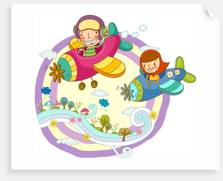 Friends traveling in propeller airplane by Anonymous