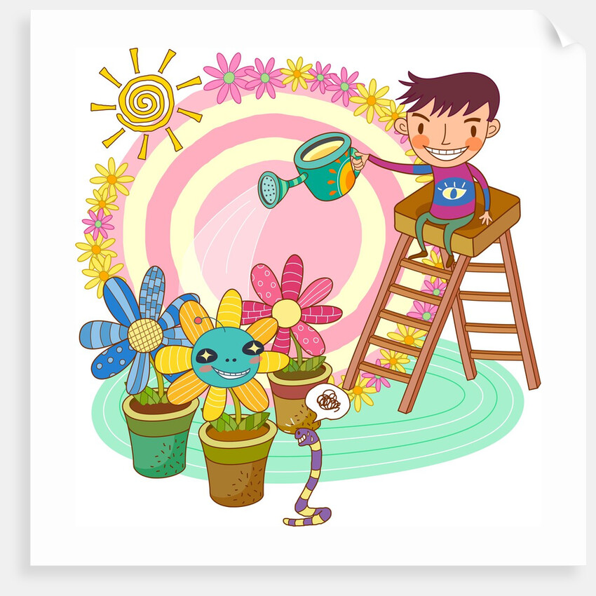 Boy sitting on ladder, watering potted plant by Anonymous