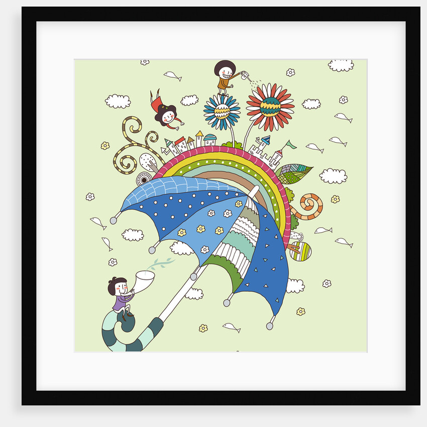 Children playing with umbrella by Anonymous