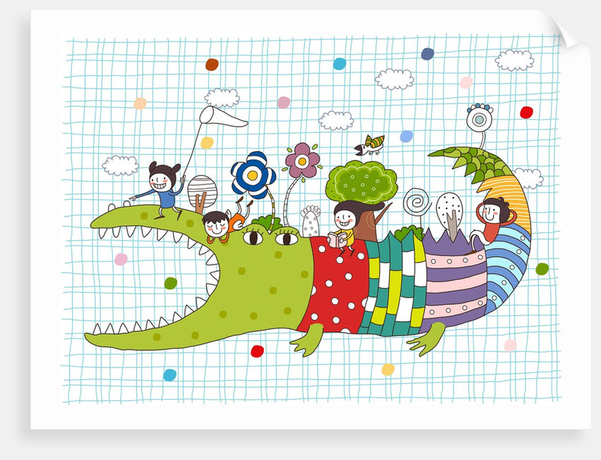 Side view of children on crocodile back by Anonymous