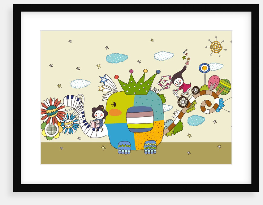 Children on elephant back by Anonymous